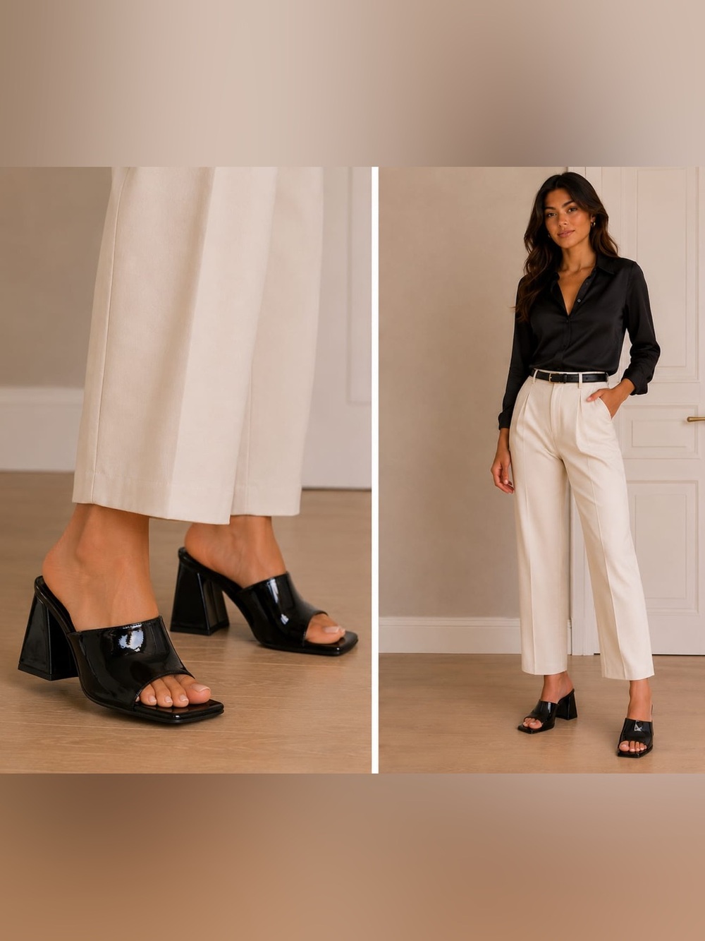 Sleek Black Patent Block Heel Mules